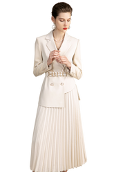 Beige V-neck With Pleated Skirt Blazer Skirt Suits - FashionByTeresa